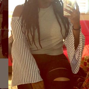 Gray sweater with cutoff and stripe bell sleeves